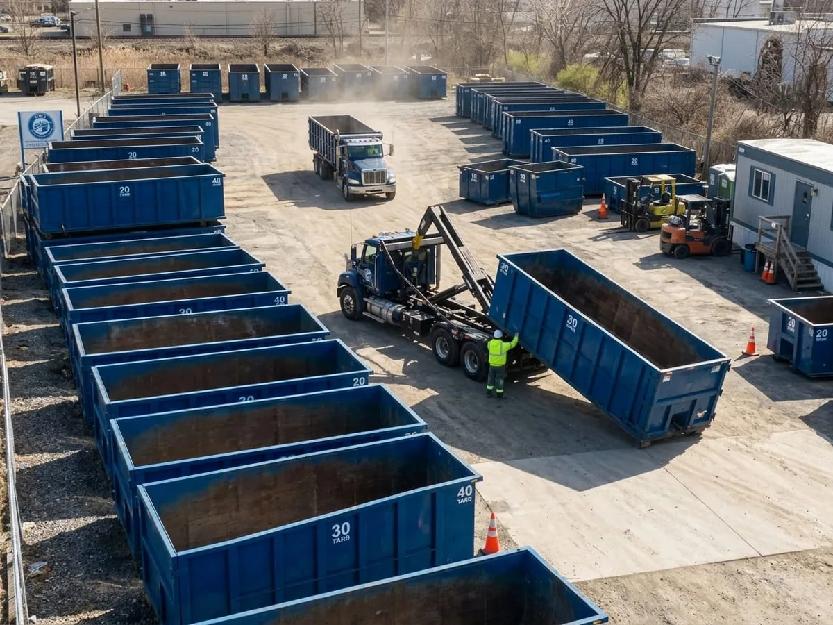 The NWJ Dumpster Rental Newark crew with a roll-off truck and container in Newark, NJ