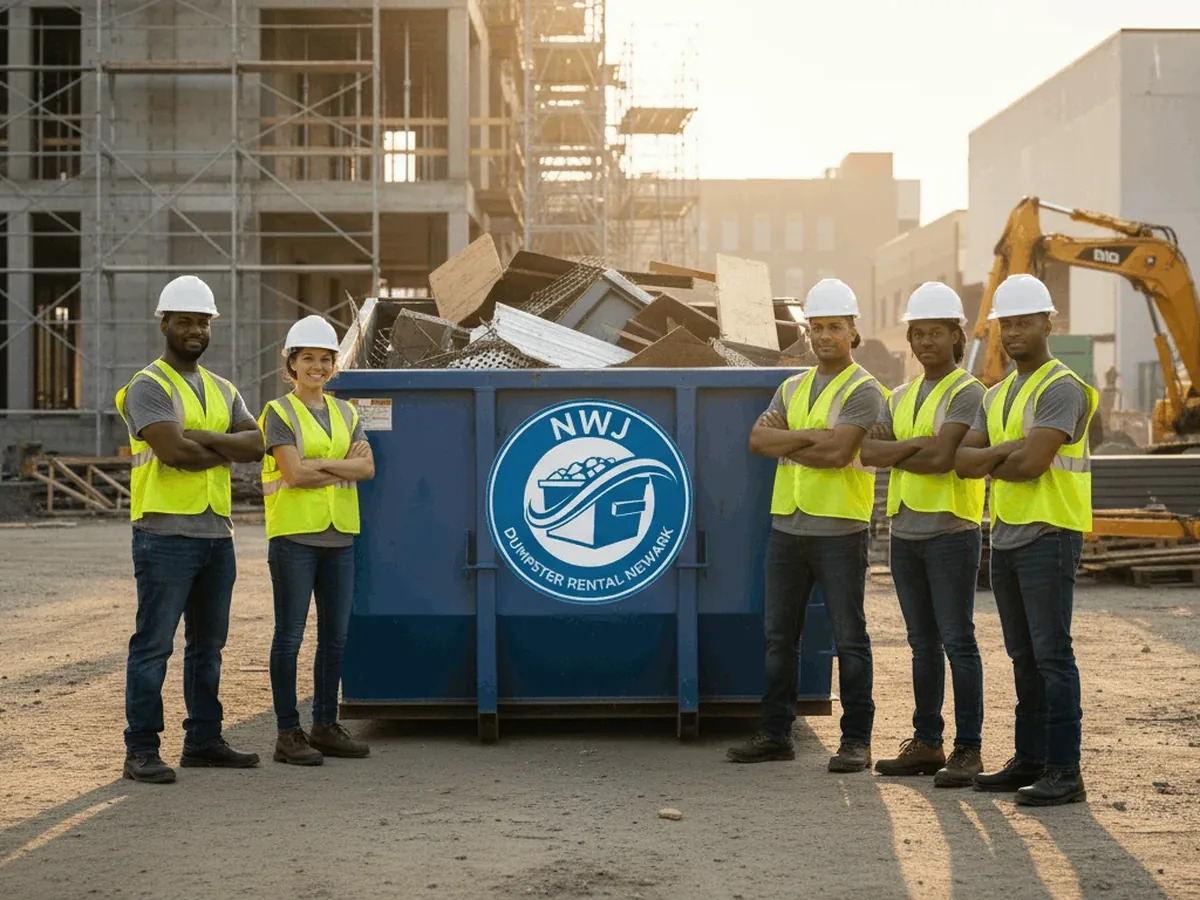 NWJ Dumpster Rental Newark roll-off truck delivering a container in Newark, NJ